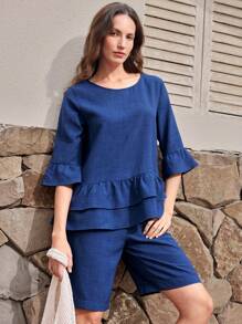 EMERY ROSE 2pcs Vacation Elegant Solid Color Off Shoulder Ruffle Trim Round Neck Blouse And Shorts Set For Women - Blue - View 1