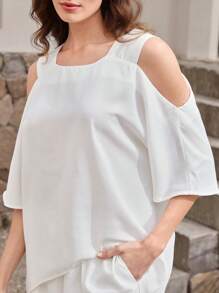 EMERY ROSE 2pcs Women Casual Solid Color Shoulder Top And Pants Set - White - View 3