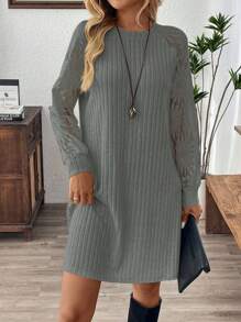 EMERY ROSE Women's Casual Round Neck Long Sleeve Ribbed Mini Mesh Dress