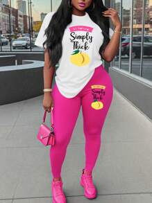 Maweii Bộ 2 chiếc/bộ áo thun tay ngắn cổ tròn họa tiết chữ thường ngày mùa hè cỡ lớn và quần bó - Nhiều màu - Xem 1