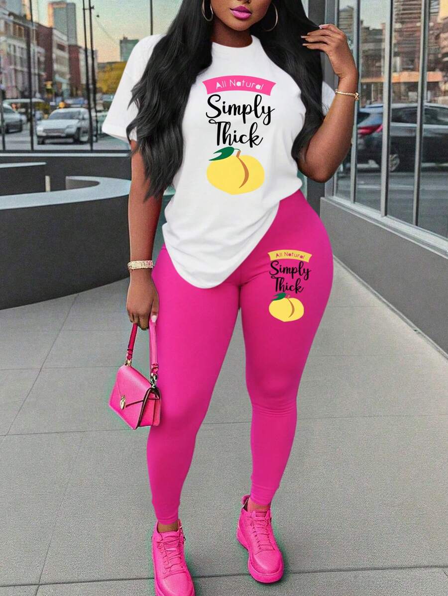 Maweii Bộ 2 chiếc/bộ áo thun tay ngắn cổ tròn họa tiết chữ thường ngày mùa hè cỡ lớn và quần bó - Nhiều màu - Xem 1