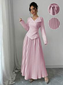 Elenzga Bộ áo dài tay buộc chéo bất đối xứng màu trơn và chân váy dài xếp ly - Hồng - Xem 3