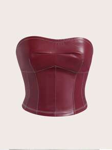 SHEIN Essnce Burgundy Autumn Girly Night Club Women's PU Leather Bandeau Top,Minimalist Fish Bone Design Ruched Tube Top For Party Valentine's Day & Date Night - Burgundy - View 4