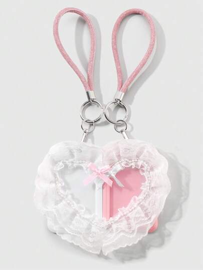 Kawaii 2pcs Korean Style Minimalist Cute & Delicate White Mesh Lace Heart & Faux Pearl Bowknot Transparent Card Holder & Key Chain Decorative Gift Set, Suitable For Office Workers, Students, Daily Wear, Holiday Gift