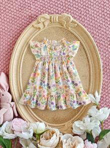 SHEIN Vestido de manga corta con estampado de conejo de Pascua elegante para niñas bebé, primavera/verano - Amarillo - Ver 1