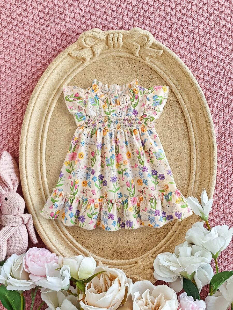 SHEIN Vestido de manga corta con estampado de conejo de Pascua elegante para niñas bebé, primavera/verano - Amarillo - Ver 1
