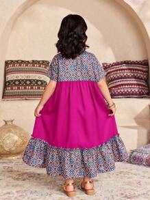 SHEIN Vestido casual de vacaciones de gasa con estampado floral ditsy para niña joven - Rosa Fucsia - Ver 4