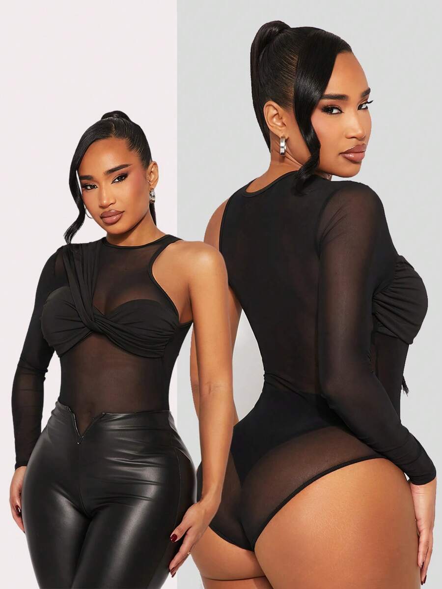 SHEIN SXY Minimalist Solid Black Sexy Sheer Top, Asymmetrical Mesh Patchwork Bodysuit, Suitable For Work, Party, Date, Birthday, Daily Wear, Versatile Top