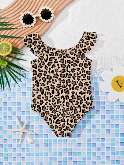 SHEIN Baby Girls Leopard Print Slim Fit One-Piece Swimsuit, Casual & Minimalist Design, Suitable For Summer