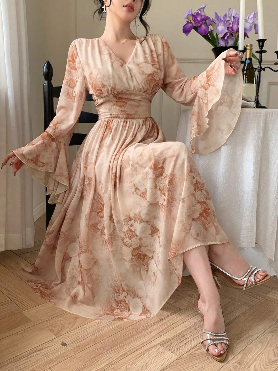 DAZY 中长 V 领花卉荷叶边女式连衣裙优雅秋季连衣裙长袖连衣裙