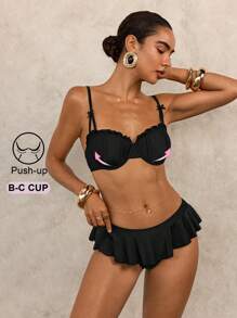Sexy Halter Neck 1/2 Cup Push Up Bra With Steel Frame Ruffle Trim Bikini Set, Black For Summer Beach Vacation - Black - View 5