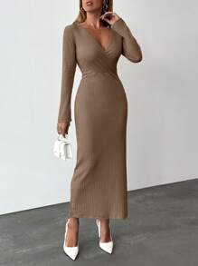 RueChic WOMAN BEIGE SURPLICE NECK LONG ELEGANT DRESS - Beige - View 6