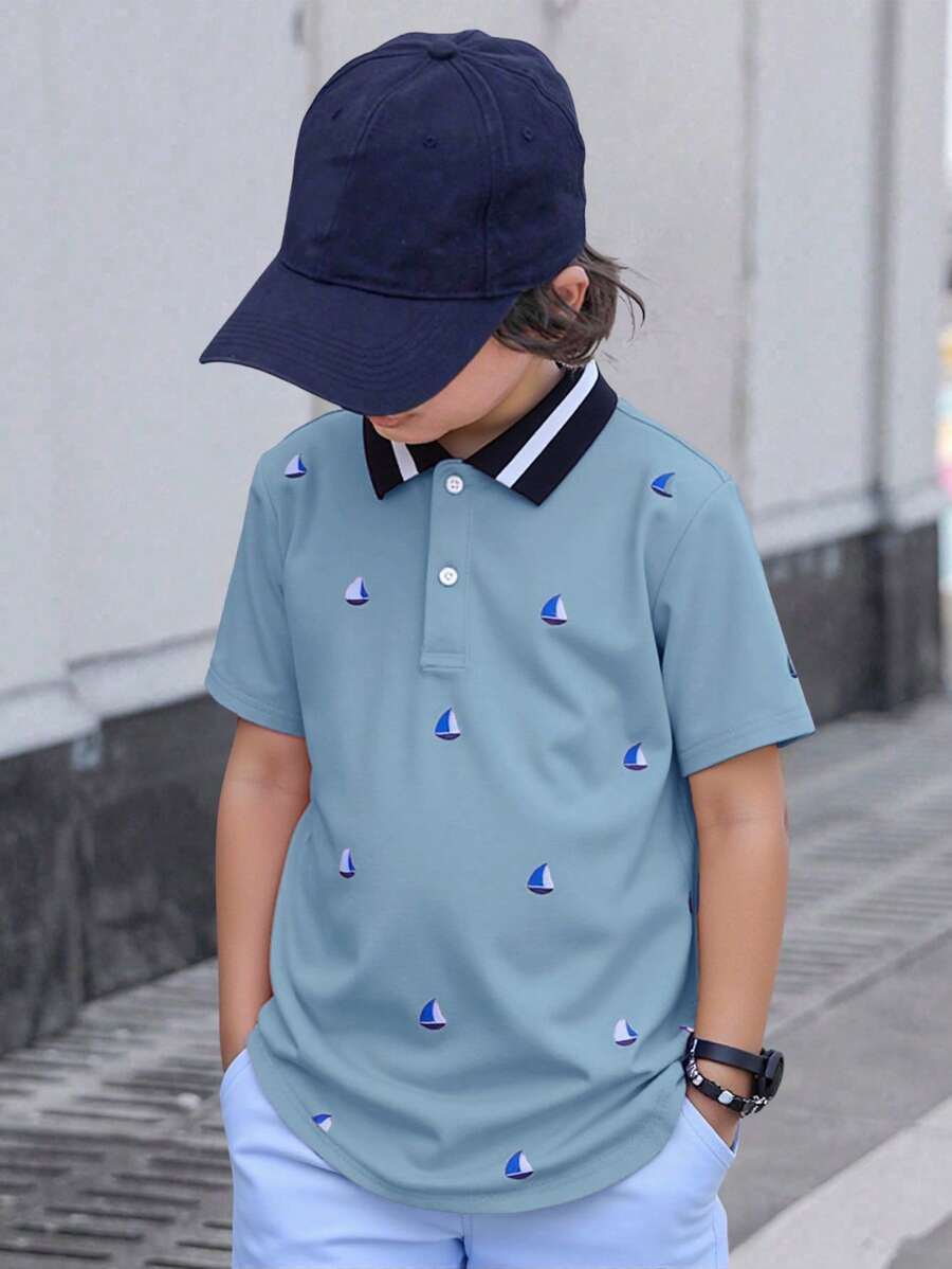 SHEIN Leap Crew Tween Boy Casual All-Over Print Short Sleeve Polo Shirt - Dusty Blue - View 1