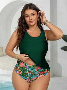 Swim Lushoire Plus Size Women 3pcs Set Retro Bohemian Random Retro Prints Crop Top Tankini Swimwear For Summer Beach Vacation - Multicolor - View 3