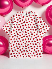 Manfinity VCAY Camiseta de manga corta unisex de corte holgado, cuello redondo y hombros caídos con estampado de pequeños corazones en todo el diseño
