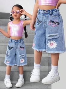 SHEIN Young Girl Y2K Blue Denim Shorts With Butterfly, Flower And Heart Graphic,Kid Girls Spring And Summer Casual Vacation Country Boho Wear - Light Wash - View 1