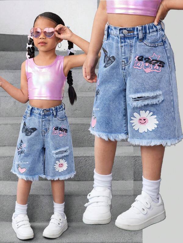 SHEIN Young Girl Y2K Blue Denim Shorts With Butterfly, Flower And Heart Graphic,Kid Girls Spring And Summer Casual Vacation Country Boho Wear