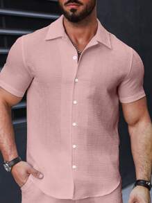 Manfinity Homme Camisa casual de manga corta con botones y textura para hombre para verano
