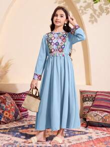 Tween Girls Geometric Print Fringed Decor Long Dress - Blue - View 7