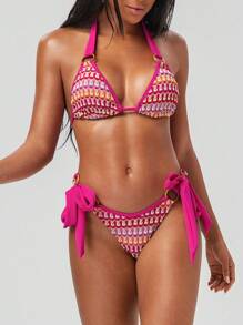 SHEIN Swim Women's 2 Pieces Swimwear Ring Lace-Up Halter Neck Triangle Bikini Set - Hot Pink - View 3