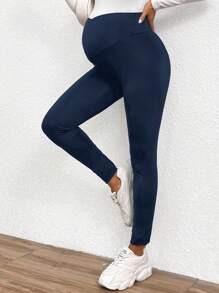 SHEIN Pregnant Women Solid Color Elastic Waist Casual Maternity Leggings - Navy Blue - View 5