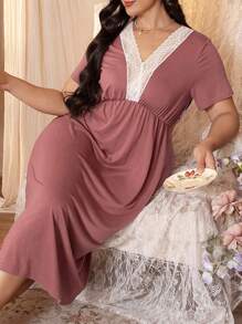 Plus Size Colorblock Lace V-Neck Cinched Waist Short Sleeve Casual Nightgown - Dusty Pink - View 5