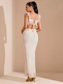 SHEIN BAE Váy suông hở vai xếp nếp màu mơ mùa hè cho kỳ nghỉ bãi biển, thích hợp cho hẹn hò hàng ngày, đi chơi đêm, hộp đêm, tiệc tùng, tụ tập, tiệc cocktail, tiệc hồ bơi, quần áo mùa tựu trường, váy mùa đi học, váy ngày lễ, quần áo lễ hội âm nhạc, quần áo lễ hội âm nhạc đồng quê, quần áo hòa nhạc - Màu be - Xem 1