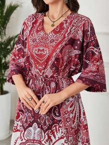 Lacomfia Women's Elegant Retro Printed Long Dress - Red - View 4