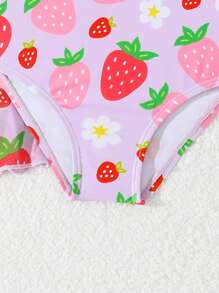 Baby Girl Strawberry Print One Piece Swimsuit With Cover-Up - Multicolor - View 4