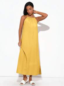 SHEIN BASICS Robe à col ras-du-cou fendue sur le côté en tissu tressé pour femmes