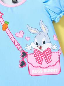 LOONEY TUNES X SHEIN 年轻女孩可爱甜美休闲卡通兔子印花泡泡袖 T 恤连衣裙，适合春夏季 - 藍色 - 查看 4