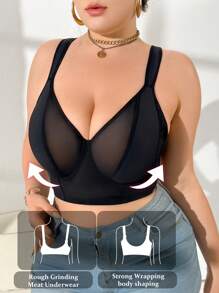 Plus Size Mesh Patchwork Underwired Bra - Black - View 1