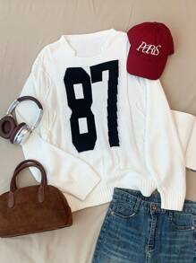 SHEIN EZwear 女式超大号数字图案落肩长袖毛衣，秋冬款 - 白色 - 查看 4
