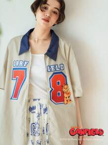 Garfield X FRIFUL Women's Loose Denim Effect Contrasting Splicing Letter Graphic Print Collabo Shirt, Summer Outdoor Wear - Khaki - View 8