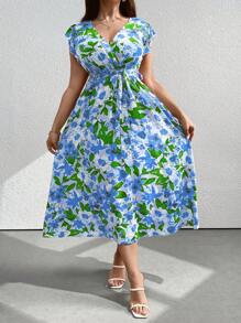 Breezaya Plus Size Vacation Style Floral Allover Print Ruffle Hem Dress For Leisure Maxi Women Outfit, For Spring - Baby Blue - View 3