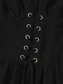 SHEIN MOD 大码礼服舞会礼服带袖女式喇叭袖腰系带连衣裙 - 黑色 - 查看 3