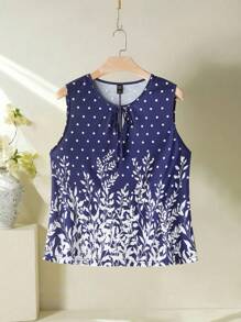 EMERY ROSE 大码女式两件套：无袖圆点印花系带衬衫和裤子，度假装 - 藍白色 - 查看 4