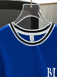 SHEIN Leap Crew 2 Pieces Casual Outfit For Teen Boys: Colorblock Polo Collar T-Shirt With English Print & Letter Graphic Drawstring Shorts Set