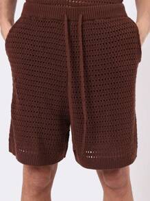 SUMWON Designer Openwork Knit Polo Co-Ord Set Short Sleeve Summer Lounge Wear Casual Knitwear Two-Piece Outfit Textured Beach Resort Wear - Coffee Brown - View 7