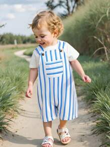 SHEIN 2pcs/Set Baby Boy Casual Cute Striped Jumpsuit With Hat Clothes, Suitable For Spring/Summer Home & Outdoor Wear
