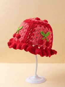 Alice Artist Y2K Fashion Crochet Knit Cherry Pattern Bucket Hat, Perfect For Vacation - Red - View 3