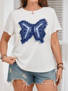 SHEIN LUNE Plus Size Women's Summer Butterfly Pattern Round Neck Short-Sleeved T-Shirt Women Summer Clothes - White - View 3