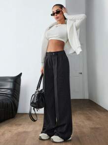 RueChic Women Stripe Pattern High Waist Straight Pants - Black - View 4