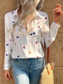 INAWLY Solva Women's Vacation Floral Embroidery Long Sleeve Single-Breasted Pocket Blouse Fall Cloth For Women - White - View 5