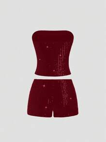 SHEIN Unity Women Solid Color Sequin Bandeau Top And Bodycon Shorts 2 Pieces Set - Burgundy - View 3