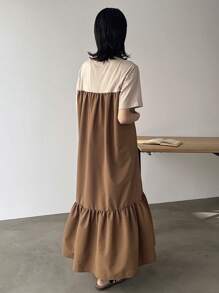 FRIFUL Women's Colorblock Round Neck Short Sleeve Ruffle Hem Mid-Length Dress