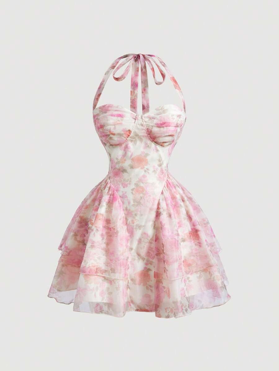 SHEIN MOD 挂脖式花卉印花短款层叠下摆连衣裙 - 彩色 - 查看 1