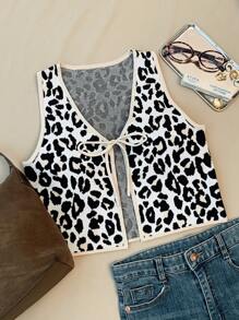 Comfortcana Women's Casual Leopard Print Tie-Up Sleeveless Cardigan