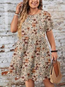 EMERY ROSE 杏色花卉印花浪漫图案休闲宽松圆领短袖大码连衣裙，适合秋冬季