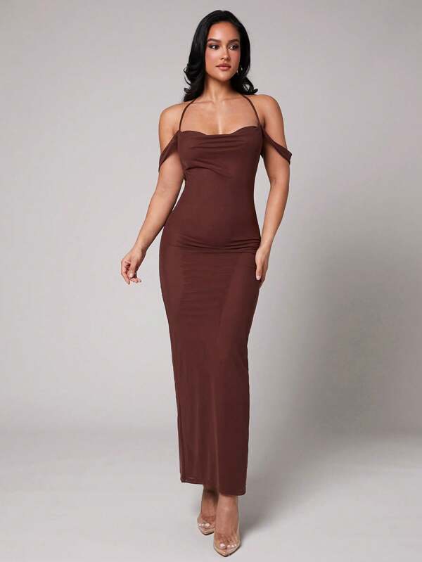 Silquee Women's Stretchy Mesh Draped Neck Backless Ruched Bodycon Dress, Sexy & Fitted, Suitable For Spring/Summer Vacation, Beach, Night Out, Gathering With Friends, Beach Party, Romantic Valentine's Day & Date